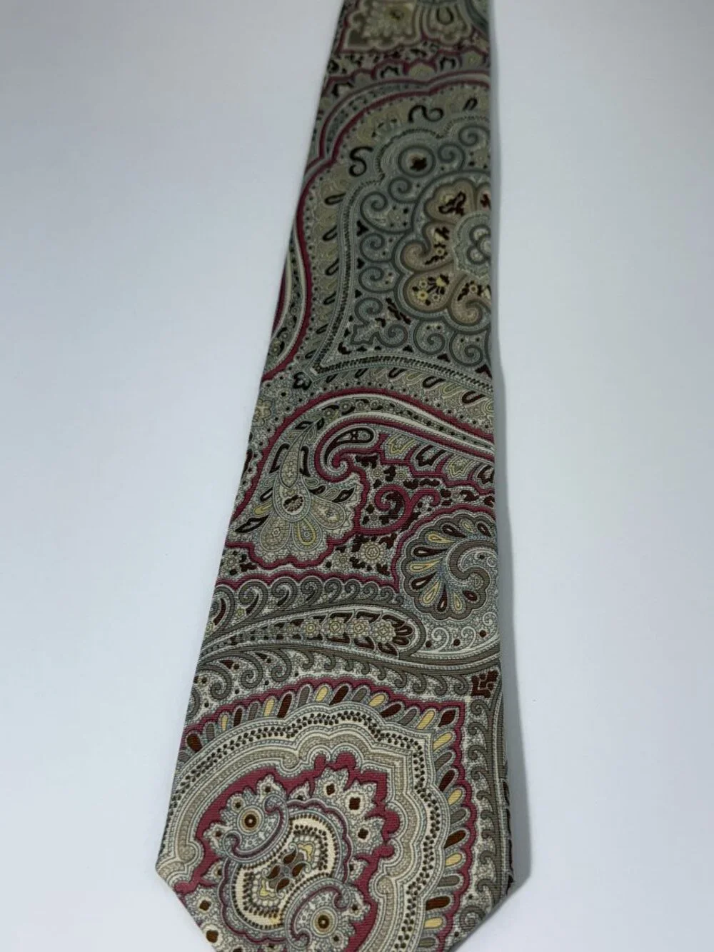 Vintage Kuppenheimer Tie Italian Silk Made In USA Paisley Red Gray Taupe VTG